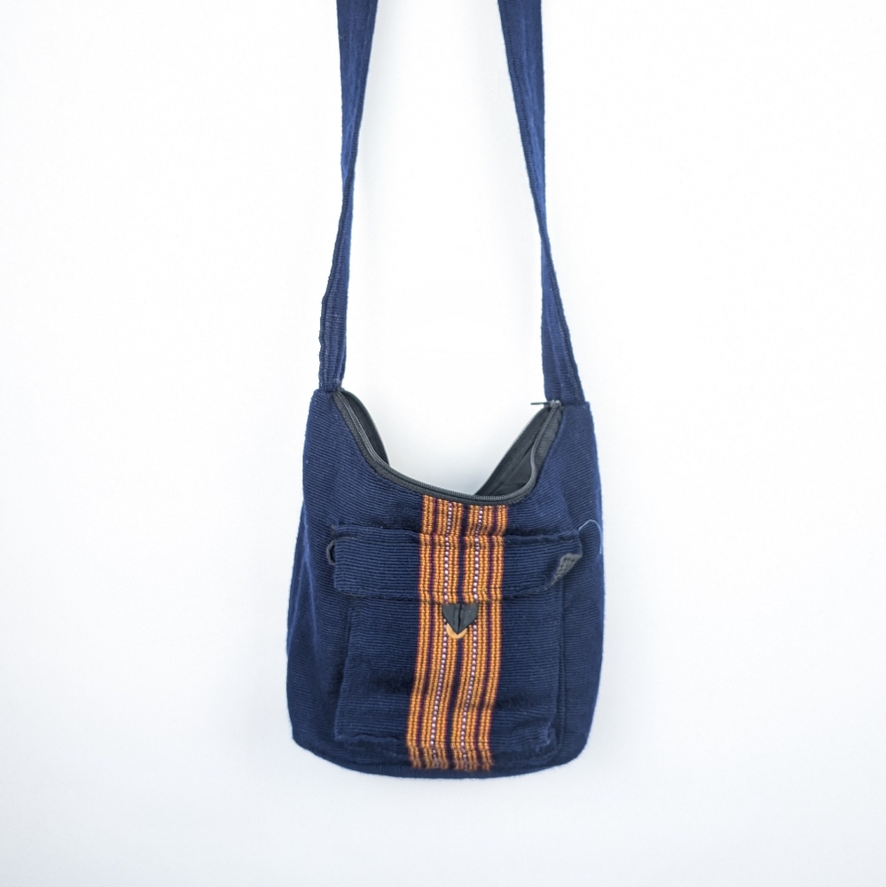 Boho Hippie Crossbody Woven Soft Women's Bag/Purse Vertical Stripe Navy Orange